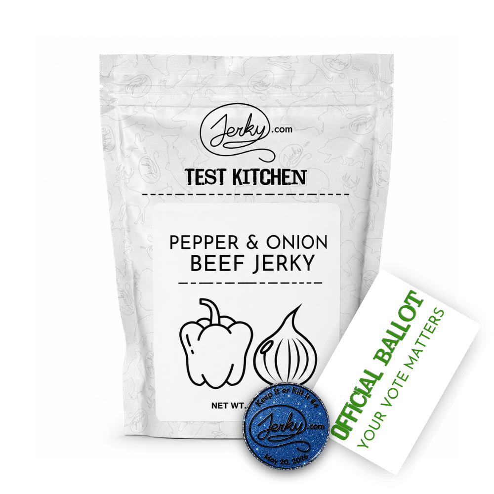 Test Kitchen Batch #53 - Pepper & Onion Beef Jerky 2oz Keep it or Kill it Coin and Ballot Bundle by Jerky.com