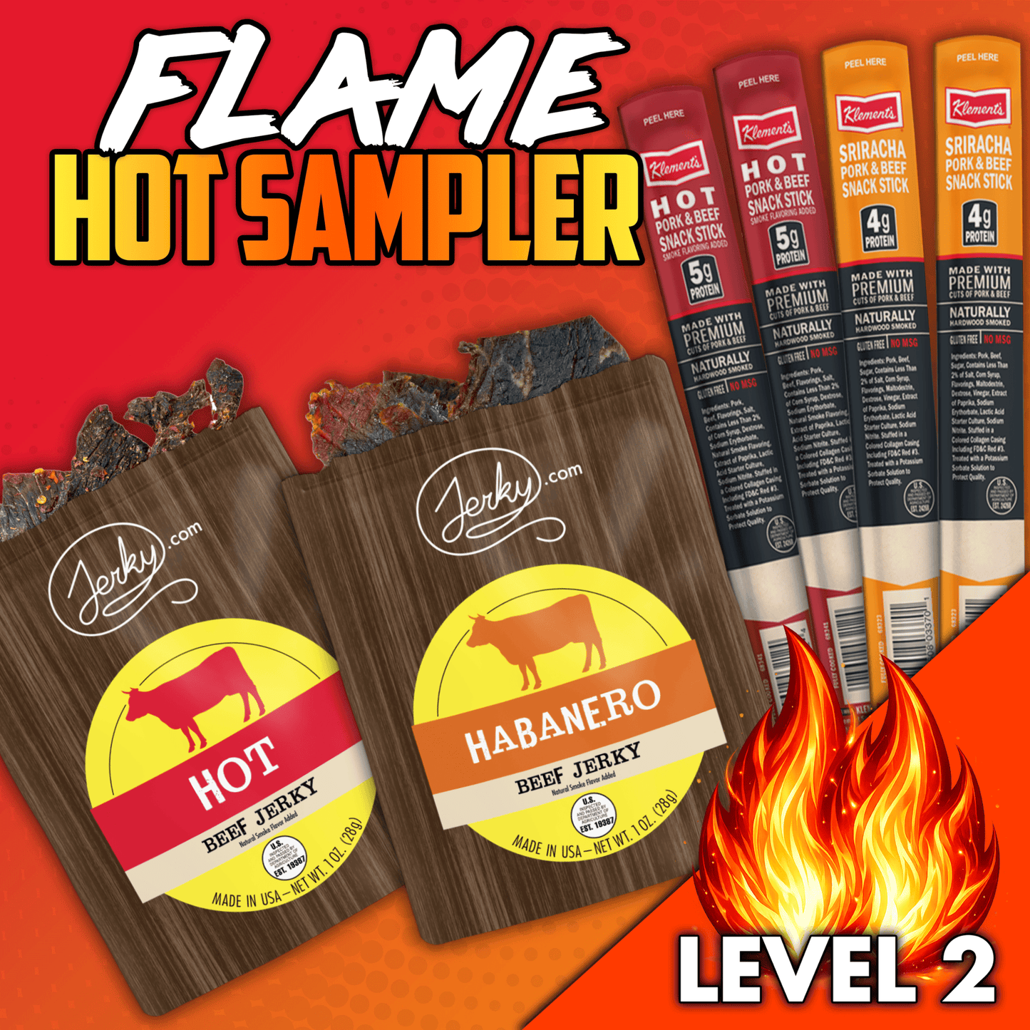 6pc. Flame Hot Sampler - High Protein, Healthy, Low Fat Dried Snack Sticks - Hot Jerky, Habanero Jerky, Assorted Hot Beef & Pork Sticks - 5.2 total oz. by Jerky.com