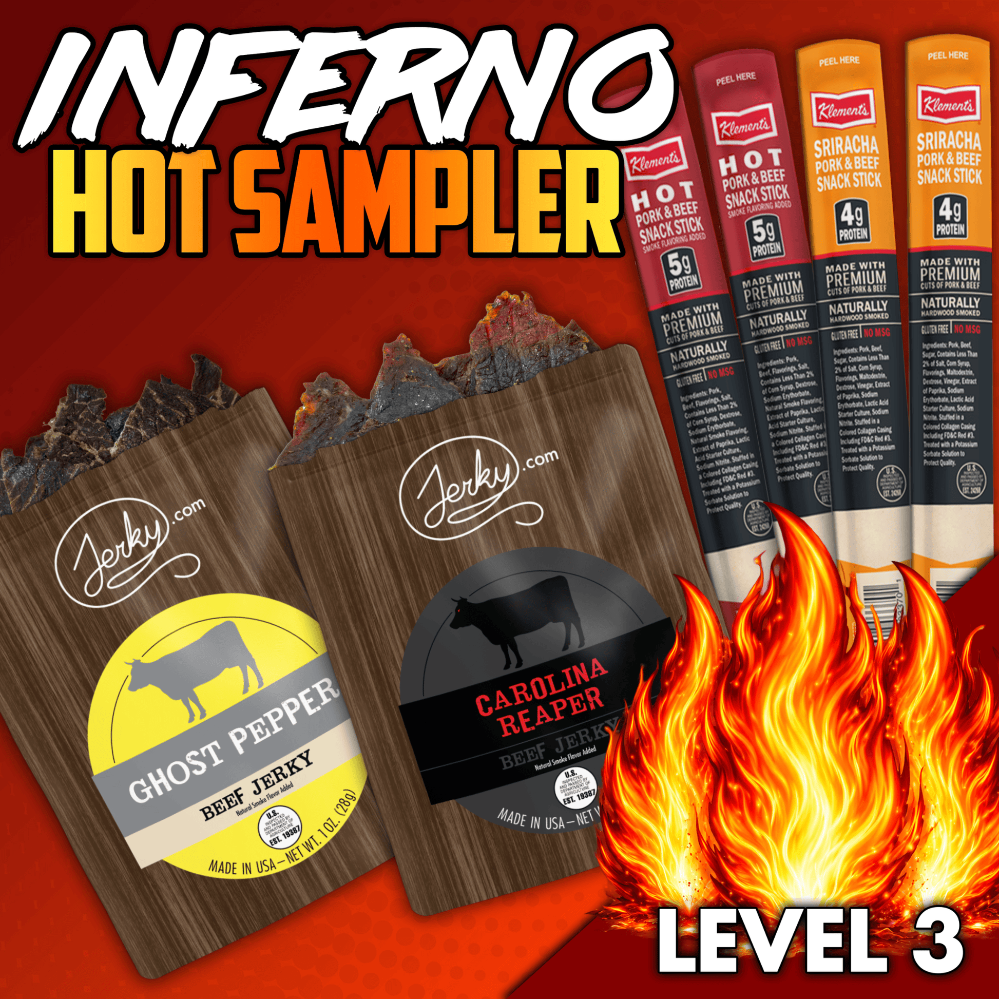 6pc. Inferno Hot Sampler - High Protein, Healthy, Low Fat Dried Snack Sticks - Ghost Pepper Jerky, Carolina Reaper Jerky, Assorted Hot Beef & Pork Sticks - 5.2 total oz. by Jerky.com