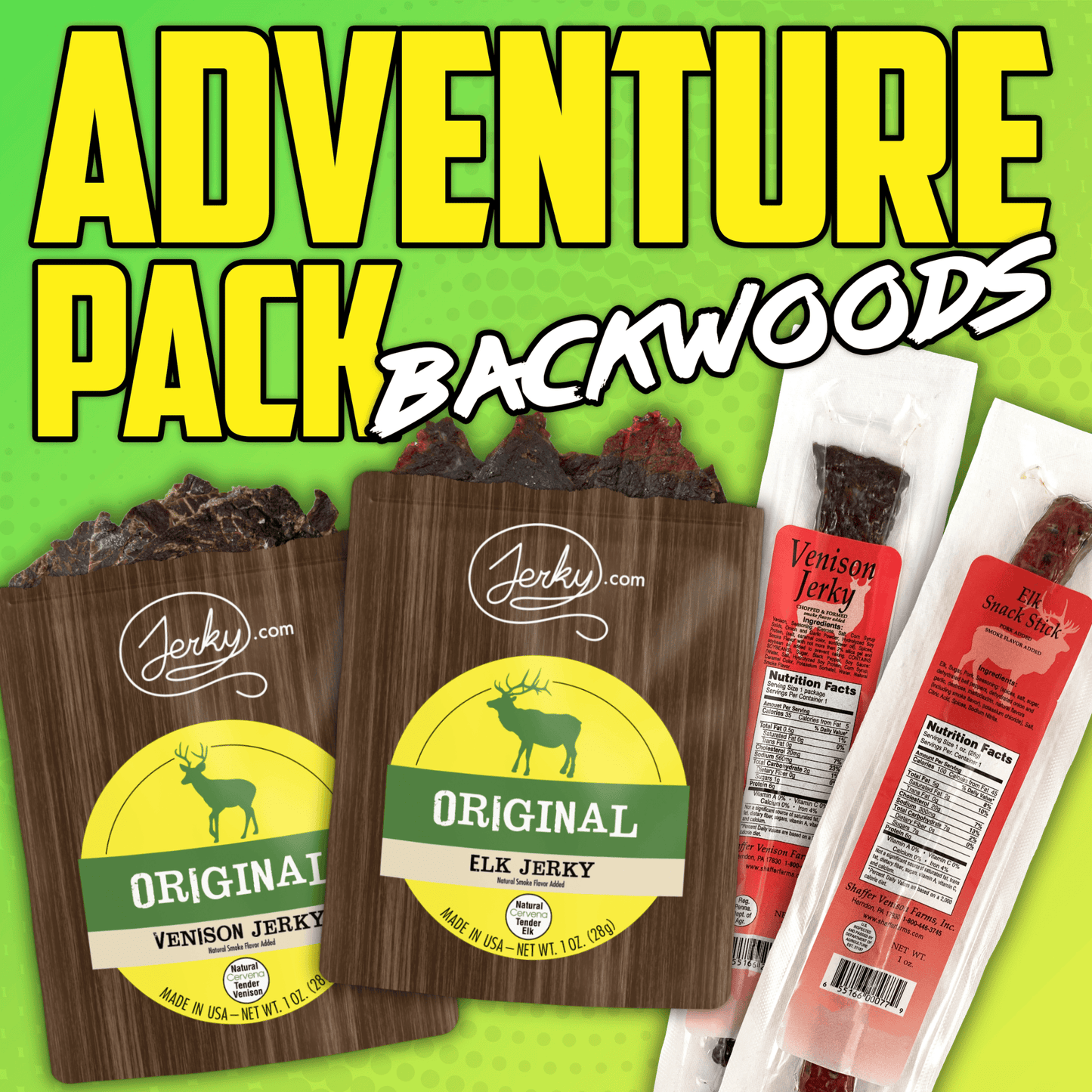 4 pc Adventure Pack: Backwoods Bundle - High Protein, Healthy, Low Fat Dried Snack Sticks - Venison Jerky, Elk Jerky, & 2 Exotic Meat Sticks by Jerky.com