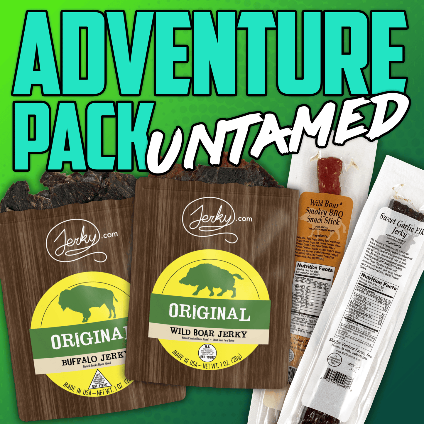4 pc Adventure Pack: Untamed - High Protein, Healthy, Low Fat Dried Snack Sticks - Buffalo Jerky, Boar Jerky, & 2 Exotic Meat Sticks by Jerky.com