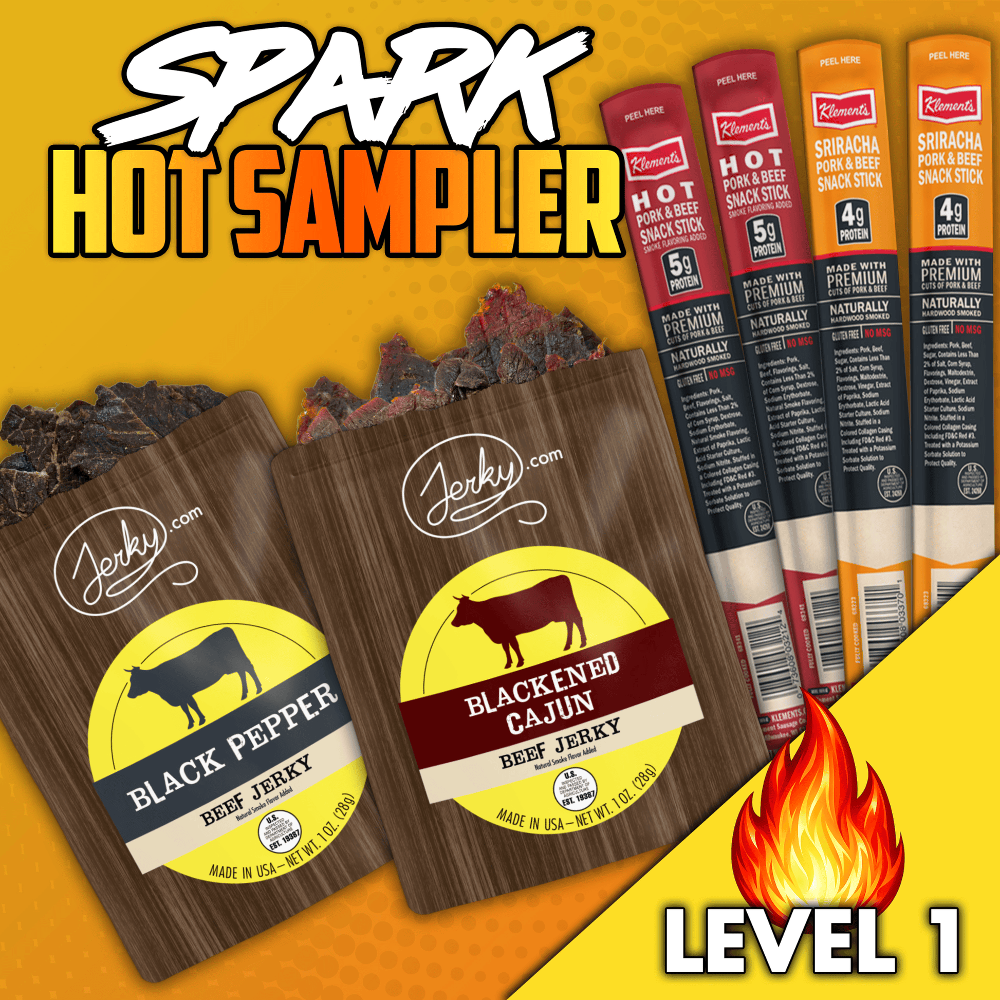 6pc. Spark Hot Sampler - High Protein, Healthy, Low Fat Dried Snack Sticks - Black Pepper Jerky, Blackened Cajun Jerky, Assorted Hot Beef & Pork Sticks - 5.2 total oz. by Jerky.com