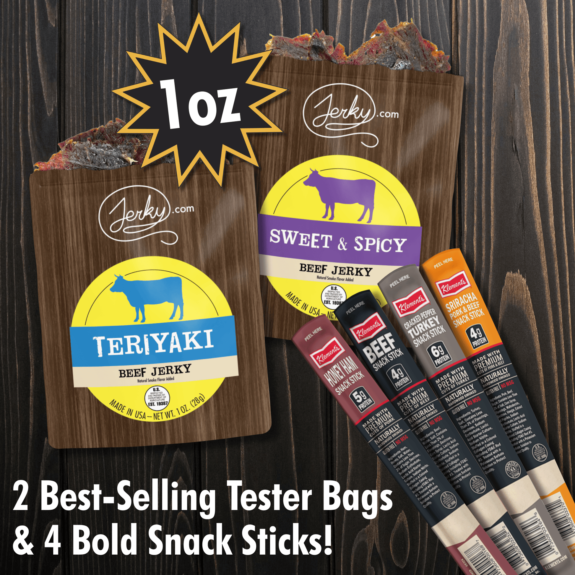 6 pc Jerky Sampler Packs & Meat Stick Bundle - High Protein, Healthy, Low Fat Dried Snack Sticks - Teriyaki Jerky, Sweet and Spicy Jerky, Assorted Beef Sticks - 5.2 total oz. by Jerky.com