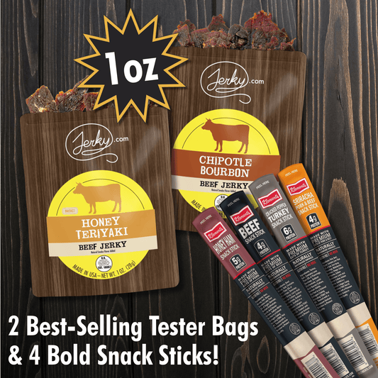 6 pc Jerky Sampler Packs & Meat Stick Bundle - High Protein, Healthy, Low Fat Dried Snack Sticks - Honey Teriyaki Jerky, Chipotle Bourbon Jerky, Assorted Beef Sticks - 5.2 total oz. by Jerky.com
