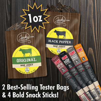 6 pc Jerky Sampler Packs & Meat Stick Bundle - High Protein, Healthy, Low Fat Dried Snack Sticks - Original Jerky, Black Pepper Jerky, Assorted Beef Sticks - 5.2 total oz. by Jerky.com
