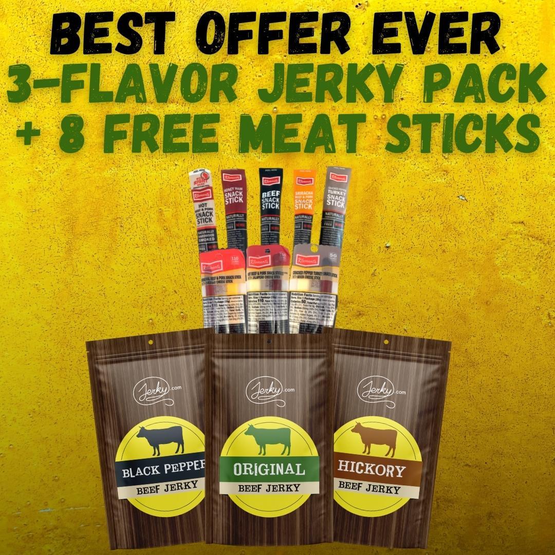 3-Flavor Traditional Pack + 8 FREE Meat Sticks by Jerky.com