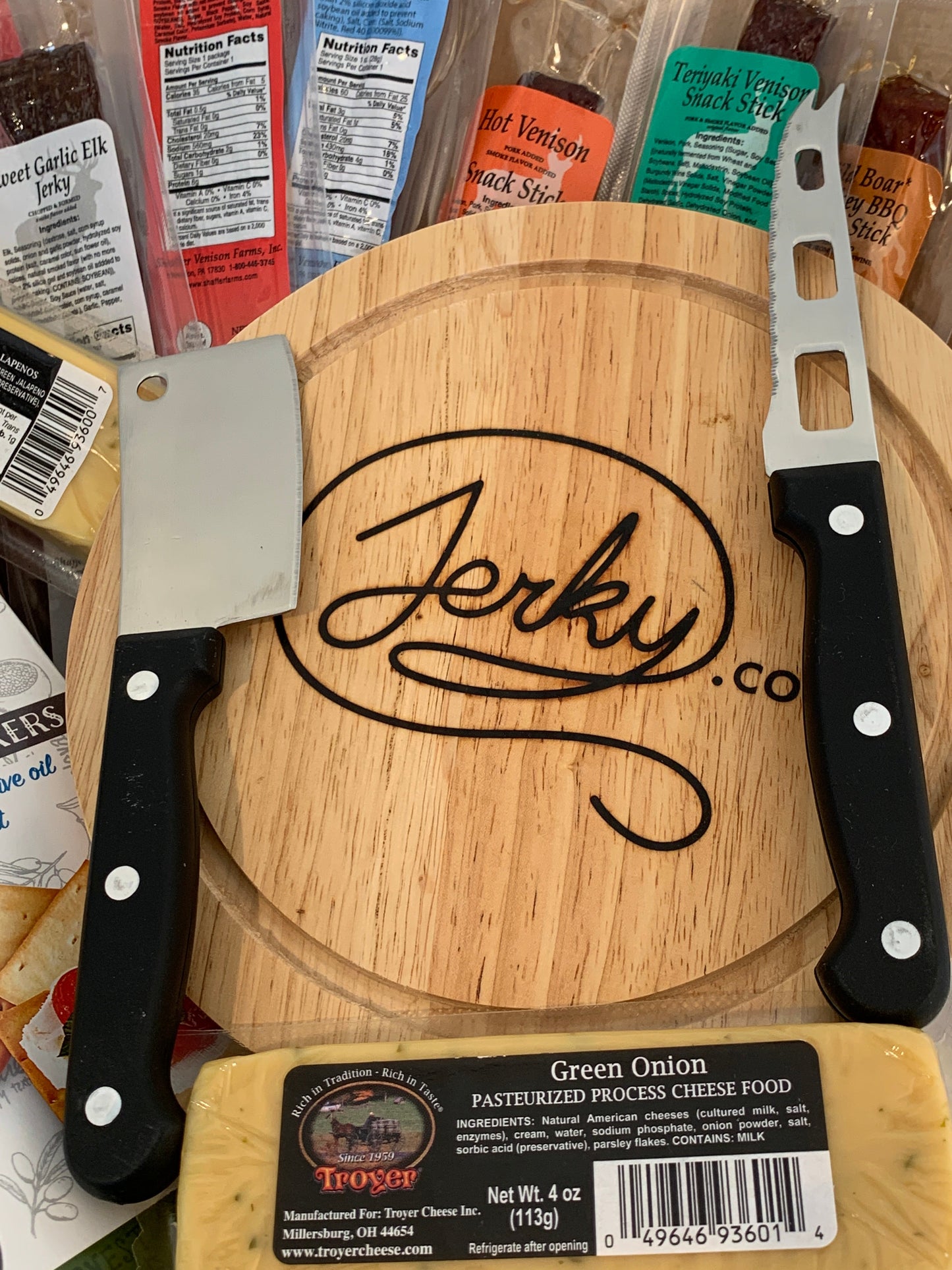 Exotic Meat & Cheese with Crackers Gift Set with Cutting Board and Knife Set - 16 piece set by Jerky.com