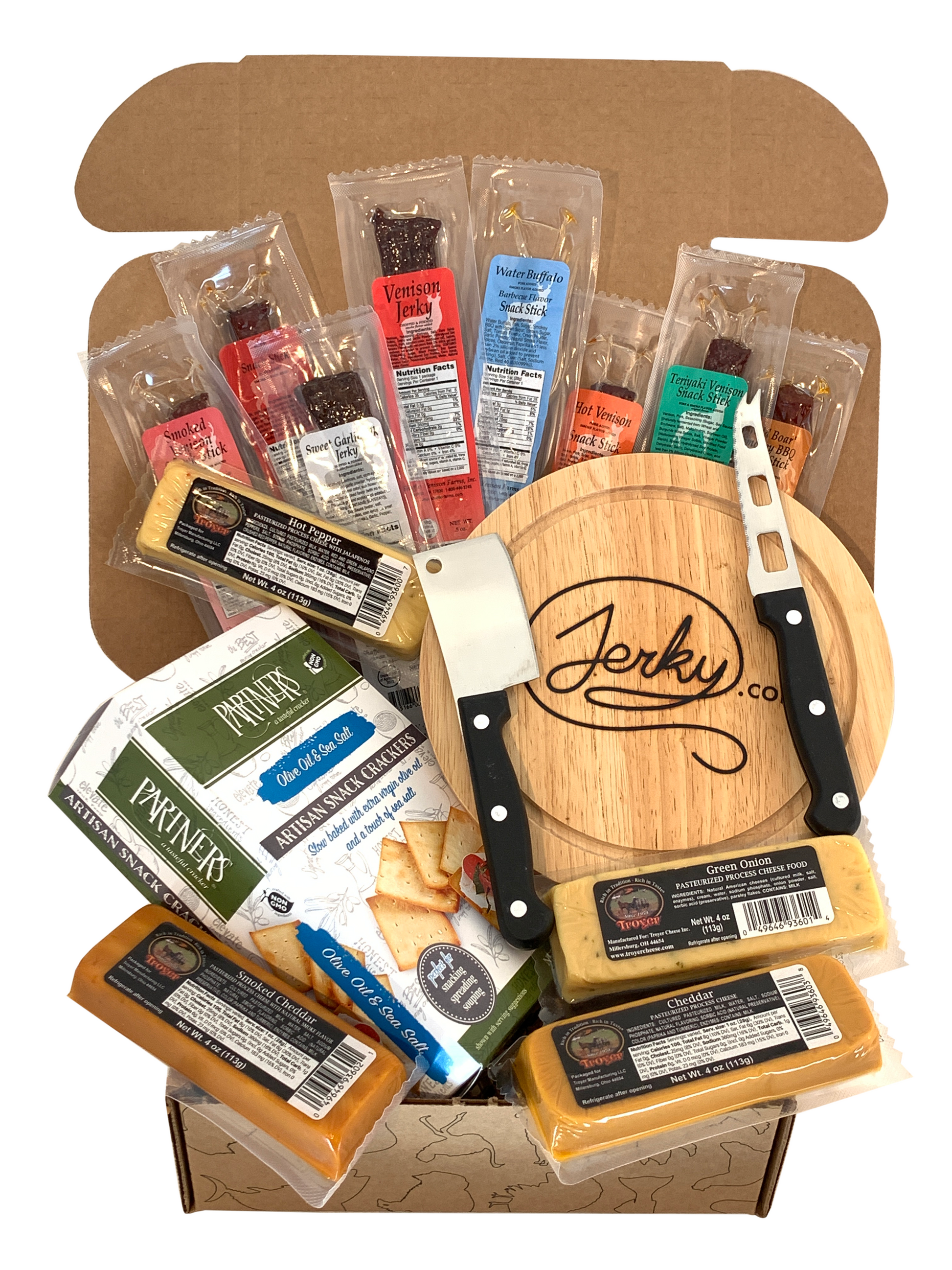 Exotic Meat & Cheese with Crackers Gift Set with Cutting Board and Knife Set - 16 Piece Set